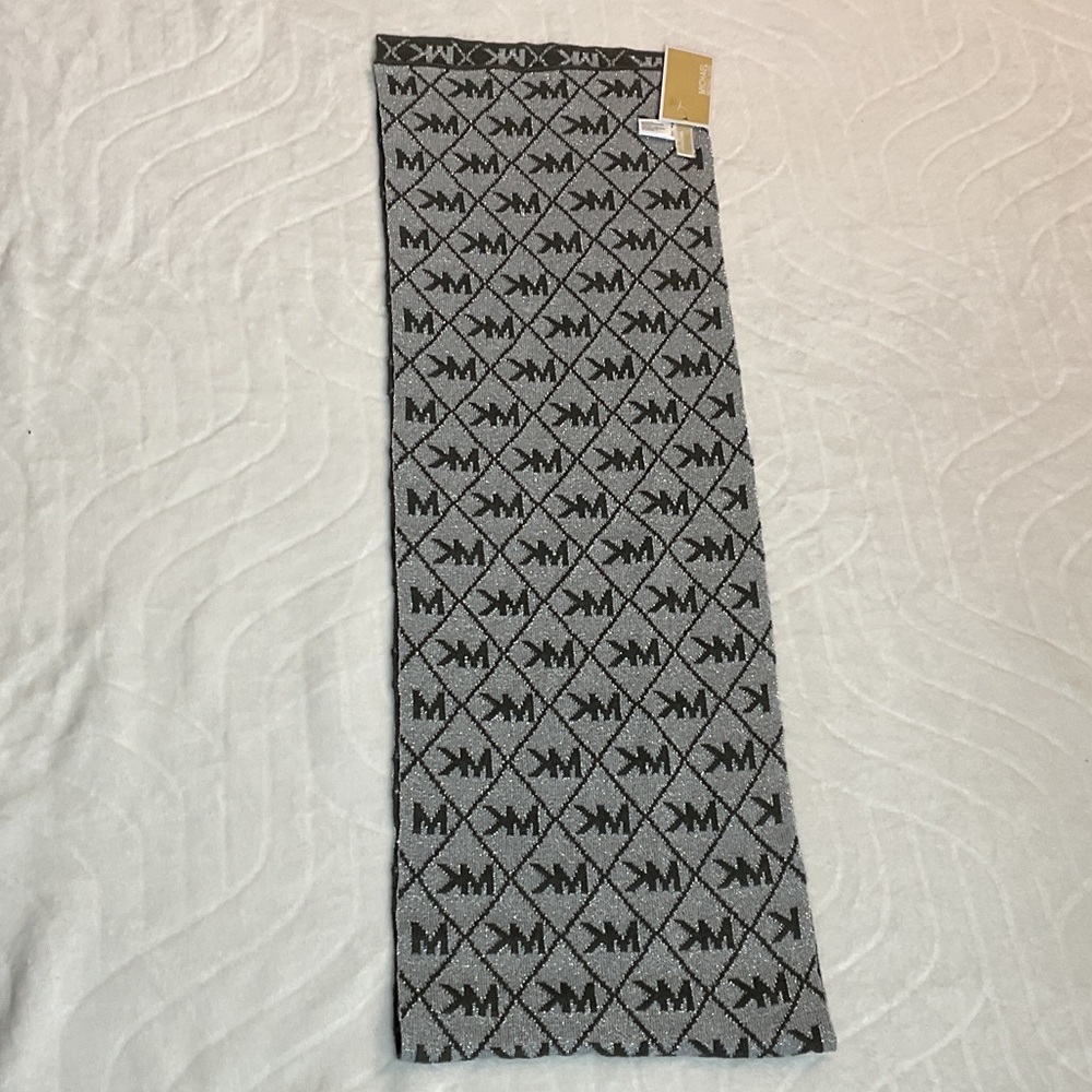 Michael Kors Black and Gray MK Logo Knit Scarf